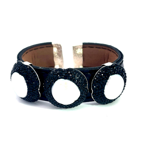 Cultured Pearl Triple Gemstone Black Leather Cuff Bracelet