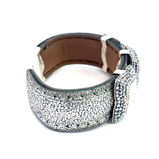 Mother Of Pearl Triple Gemstone Silver Leather Cuff Bracelet