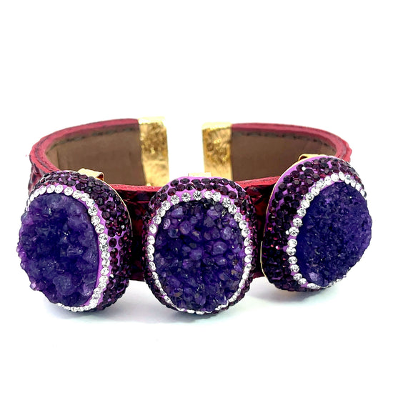 Triple Gemstone & Crystal Leather Cuff Bracelet