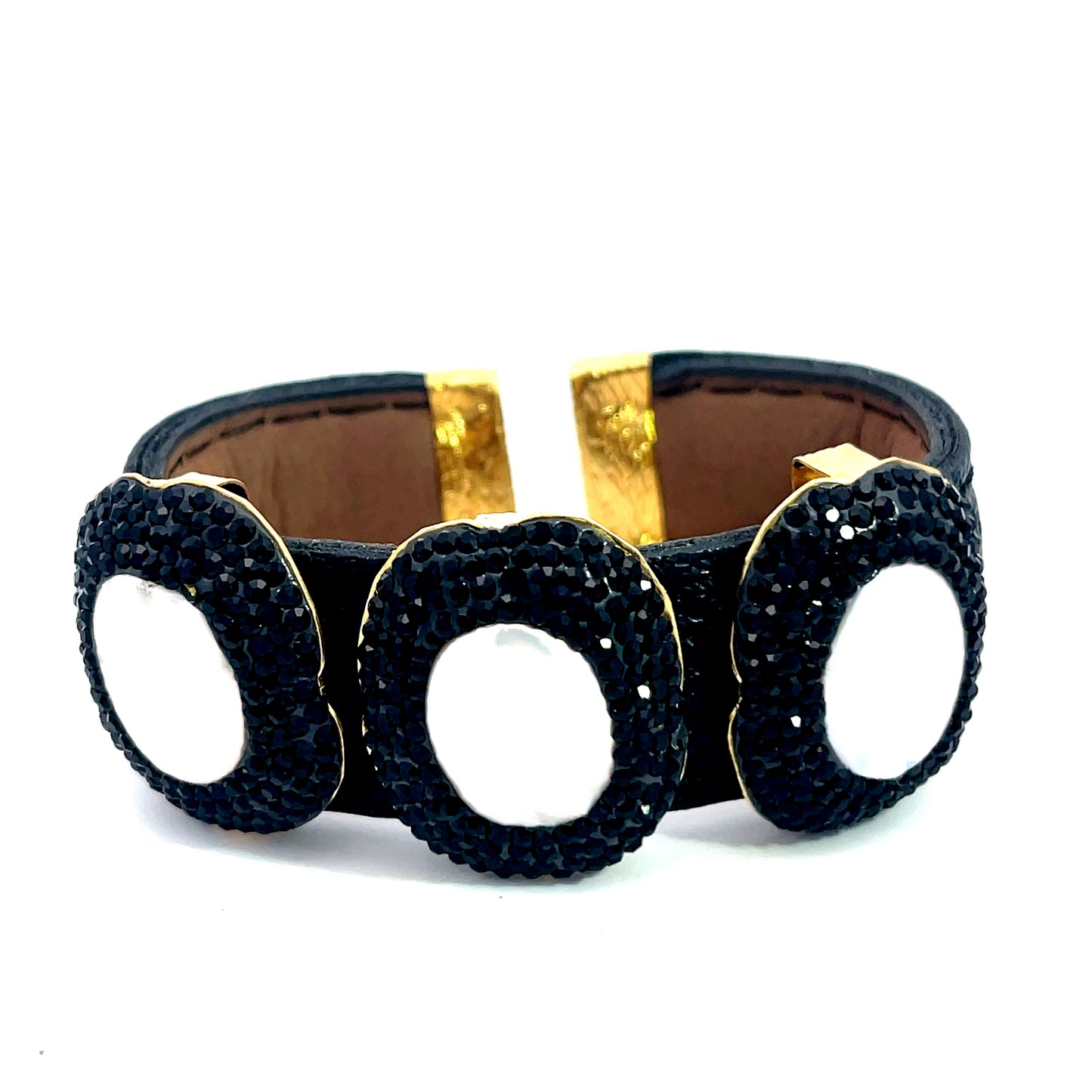 Cultured Pearl Triple Gemstone Black Leather Cuff Bracelet