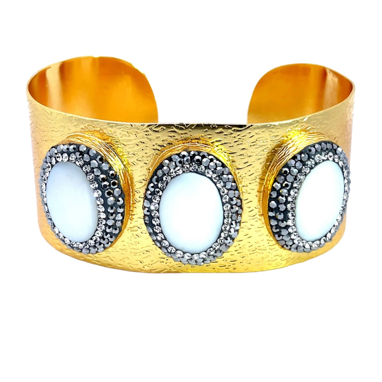 Mother Of Pearl Triple Gemstone Gold Plated Cuff Bracelet