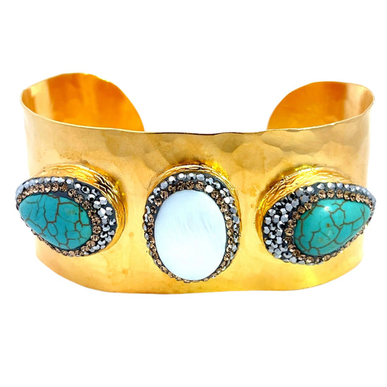 White Druzy Chalcedony & Turquoise Triple Gemstone Gold Plated Cuff Bracelet