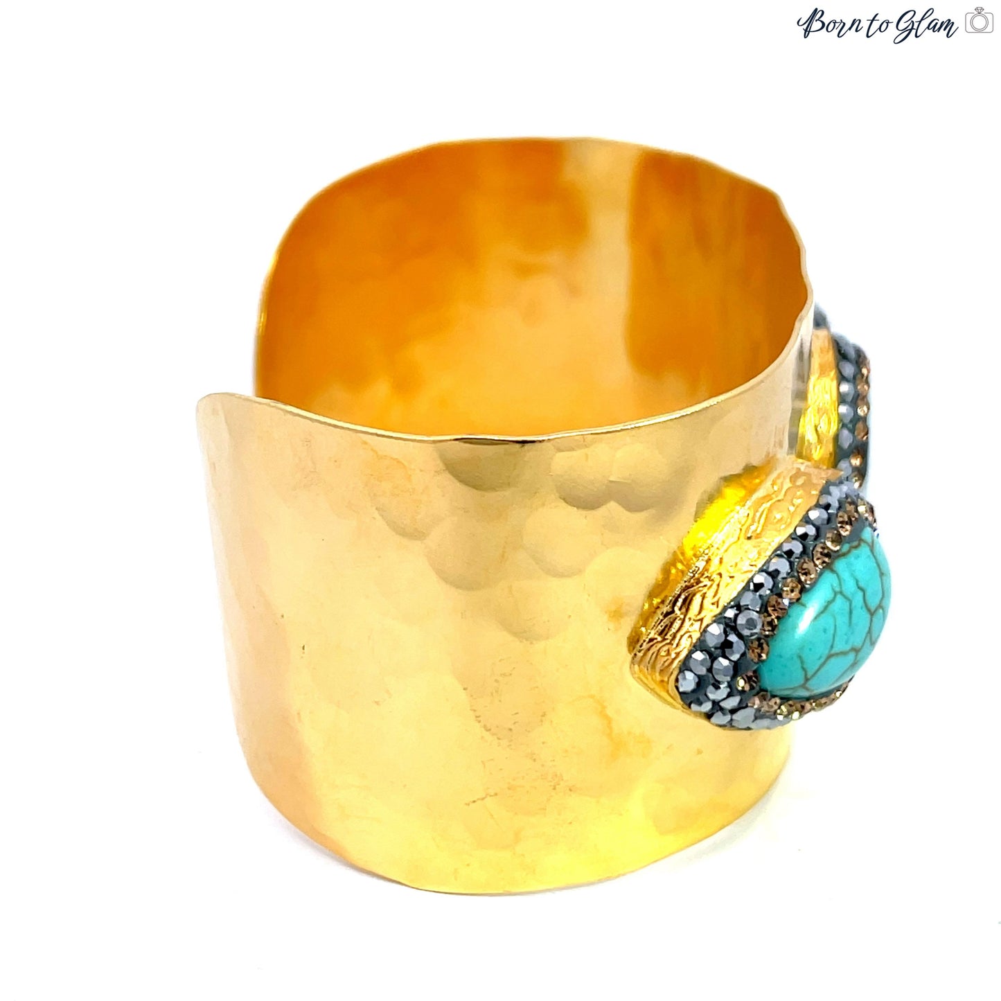 White Druzy Chalcedony & Turquoise Triple Gemstone Gold Plated Cuff Bracelet