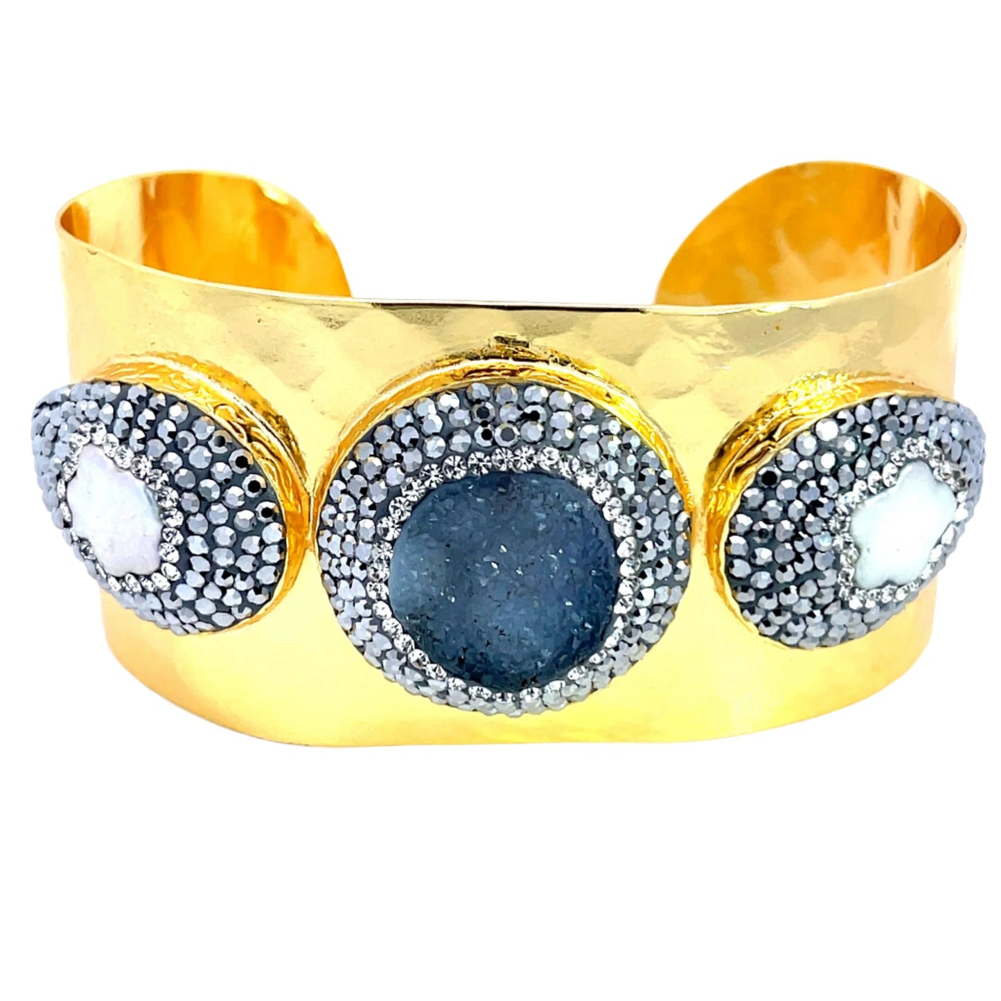 Blue Druzy Chalcedony & Mother Of Pearl Triple Gemstone Gold Plated Cuff Bracelet