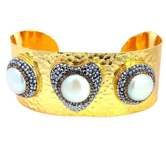 Cultured Pearl Triple Gemstone Gold Plated Cuff Bracelet