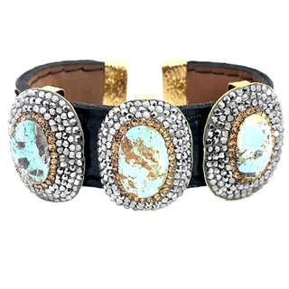Triple Gemstone & Crystal Leather Cuff Bracelet - Born To Glam