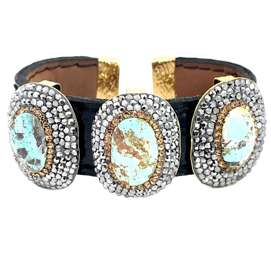 Turquoise Triple Gemstone Black Leather Cuff Bracelet