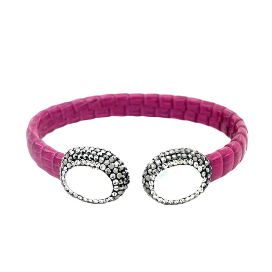 Fuschia Shagreen Leather Cultured Pearl Crystal Bracelet & Earring Set