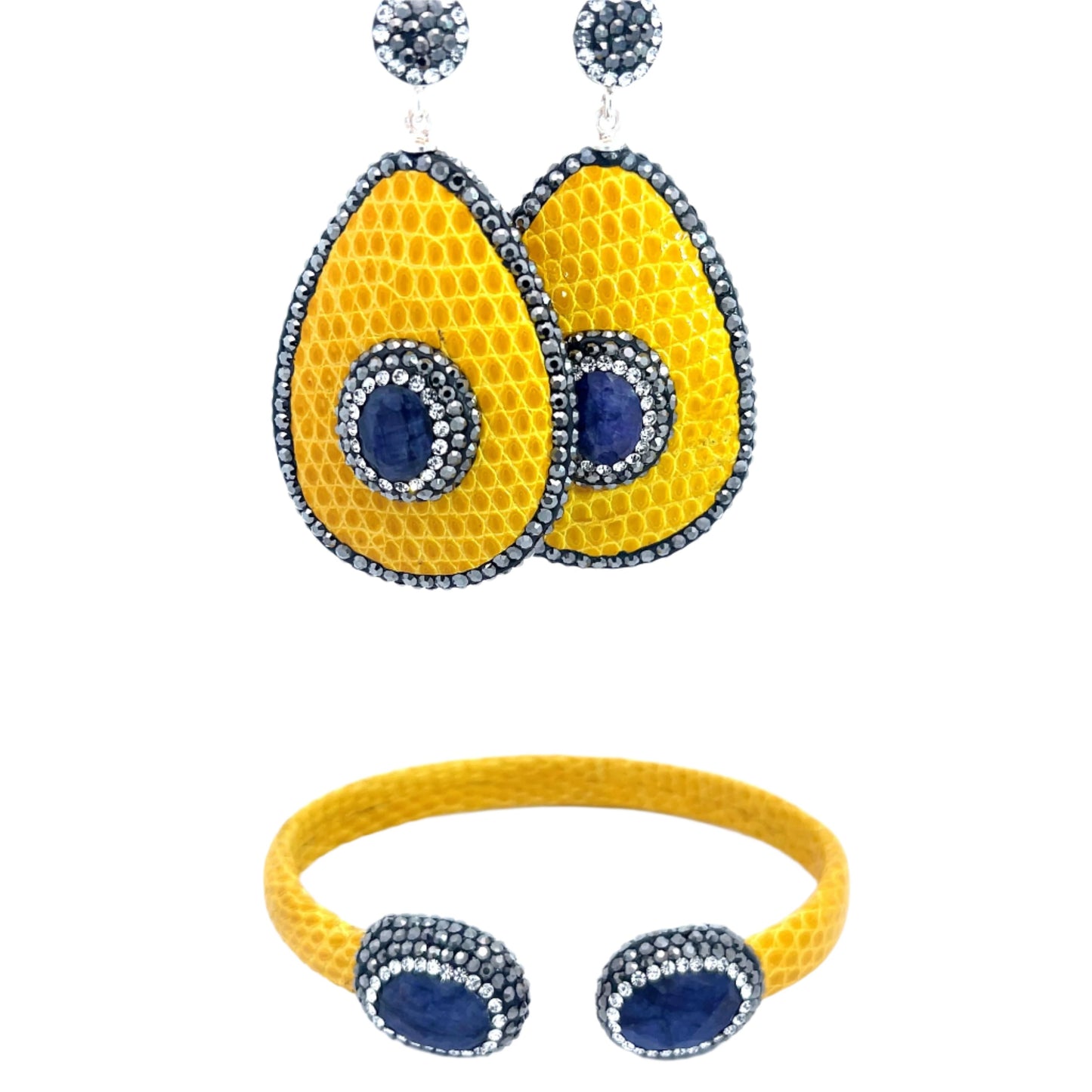 Yellow Shagreen Leather Blue Sapphire Gemstone Crystal Bracelet & Earring Set