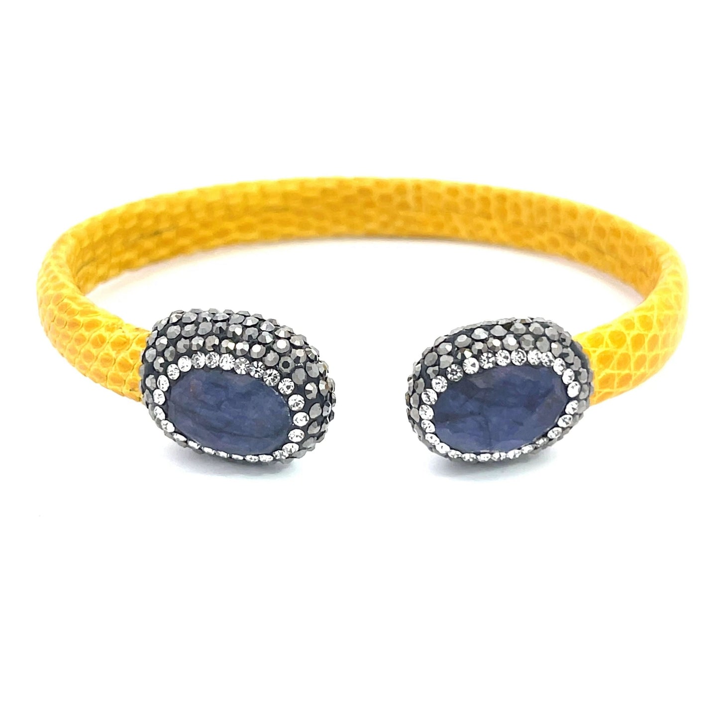 Yellow Shagreen Leather Blue Sapphire Gemstone Crystal Bracelet & Earring Set