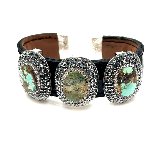 Turquoise Triple Gemstone Black Leather Cuff Bracelet