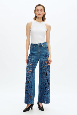 High Rise Embroidered Lace Wide Leg Jeans