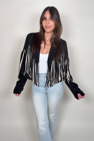 Black Multi Color Fringe Open Front Jacket - Born To Glam