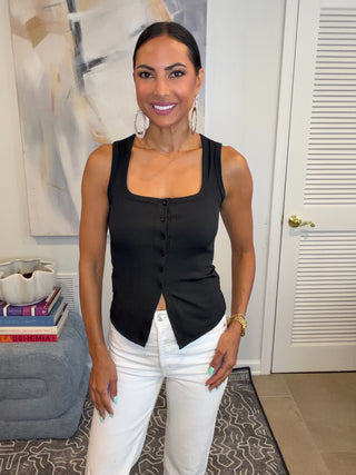 Black Button Front Ribbed Tank Top
