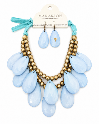 Sky Blue Petal Gold Bead Statement Necklace and Earring Set