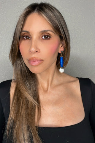 Blue Python Print Leather & Pearl Drop Earring - Born To Glam