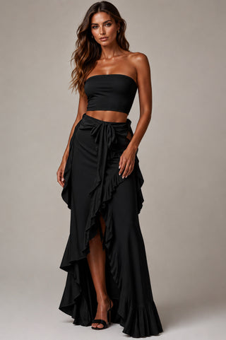 Black Ruffle Detail Asymmetrical Skirt Set