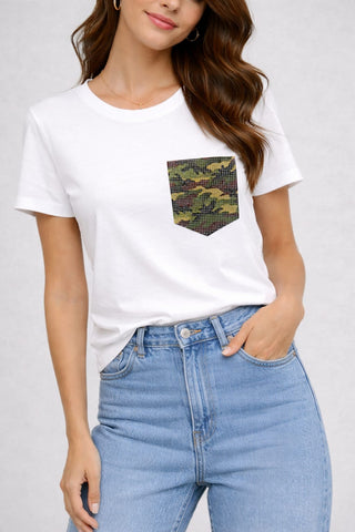 White short sleeve graphic tee with a crystal embellished camo print pocket detail.