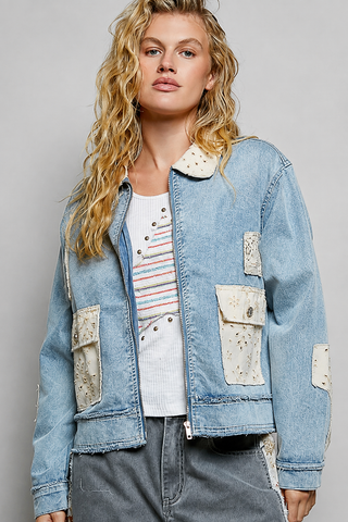 Vintage Wash Zip-Up Embroidered Patch Denim Jacket