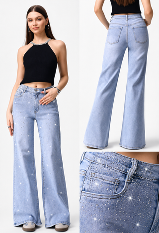 Light Wash Crystal Embellished Wide Leg Jeans