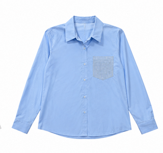 Light Blue Crystal Pocket Long Sleeve Top