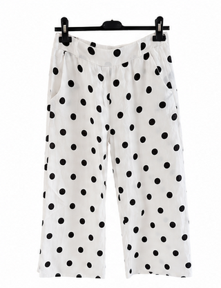 White & Black Polka Dot Cropped Linen Wide Leg Pants
