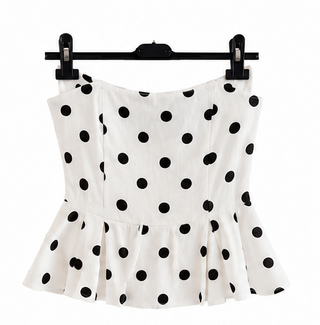 White & Black Polka Dot Strapless Peplum Top