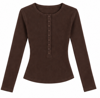 Brown Ribbed Knit Button Henley Top