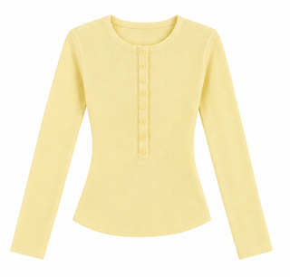Yellow Ribbed Knit Button Henley Top