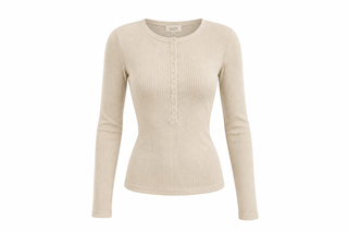 Beige Ribbed Knit Button Henley Top