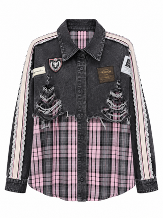 Pink Plaid Patched Distressed Top