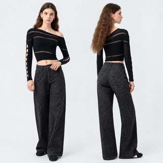 Black Sparkle Leopard Print Barrel Jeans