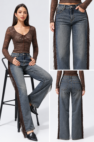 Vintage Wash Brown Fringe Straight Leg Jeans
