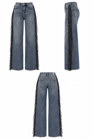 Navy and Silver Metallic Fringe  Straight Leg Jeans