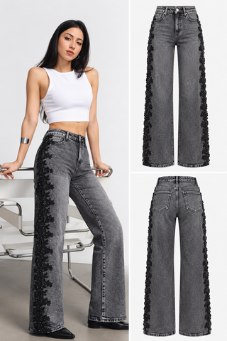 Black Lace Embellished Wide Leg Jeans