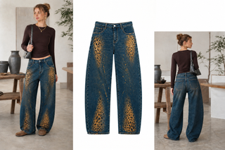 Denim Leopard Print Wide Leg Barrel Jeans