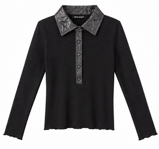 Black Faux Patent Leather Collar Knit Top