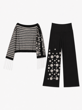 Black Sheer Striped Statement Top Black Dot Print Wide Leg Pants Set