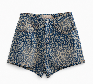Blue Leopard Print Crystal Denim Shorts