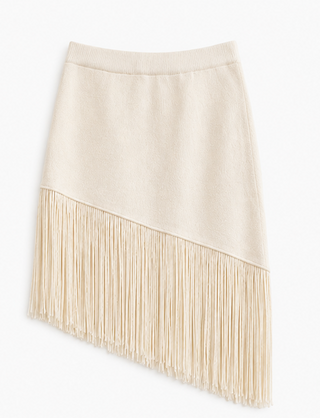 Cream Fringe Asymmetric Midi Skirt