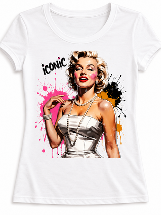 White crew neck graphic tee featuring a Marilyn-inspired portrait illustration with colorful pop art details.
