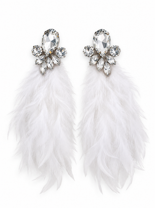 White Crystal Feather Statement Earrings