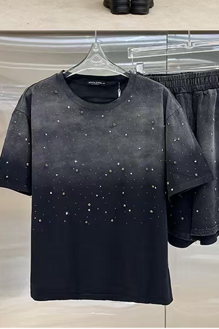Crystal embellished tee and matching shorts set with an ombre wash look and sparkling detail for a polished casual outfit.