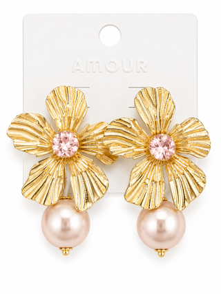 Gold Flower & Pearl Drop Earrings