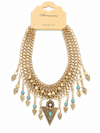 Gold Mesh Chainmail Turquoise Heart Charm Necklace