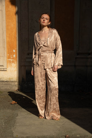 Champagne Textured Satin  Wide Leg Pants