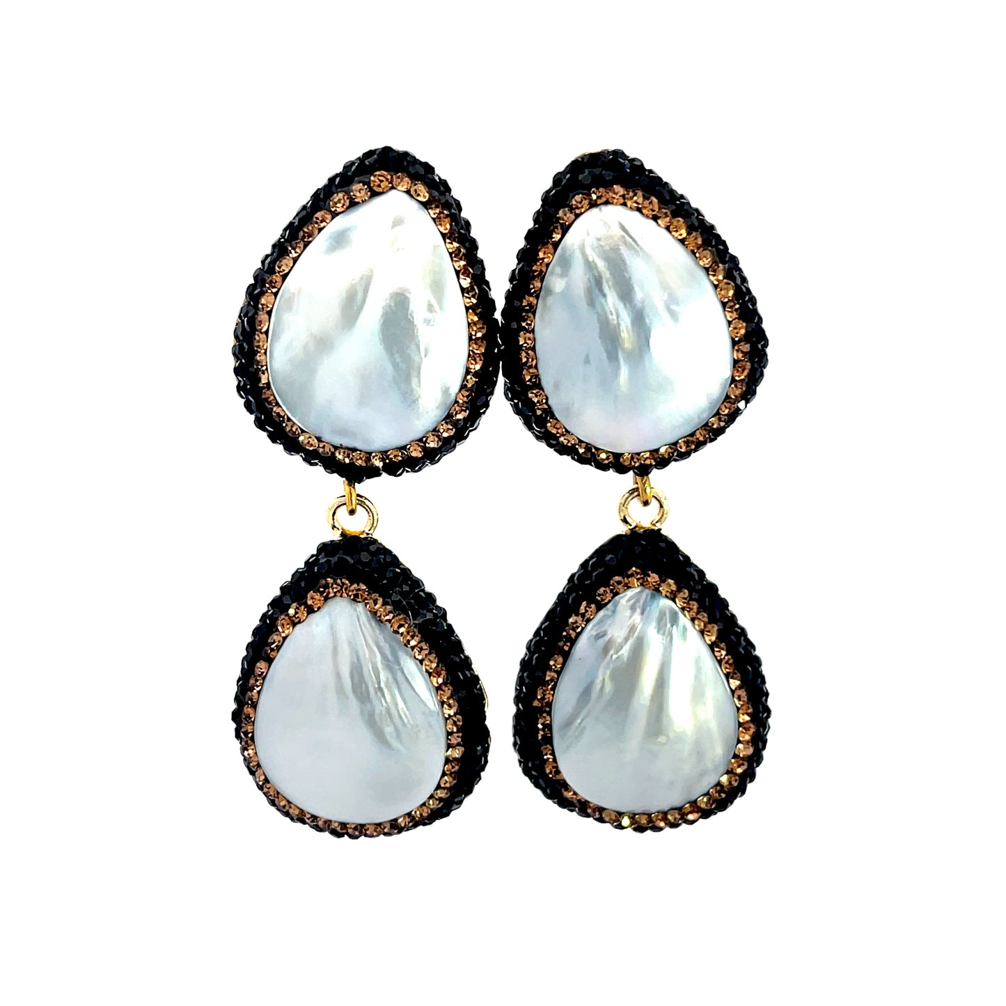 Mother of Pearl Black & Gold Crystal Double Drop Earring