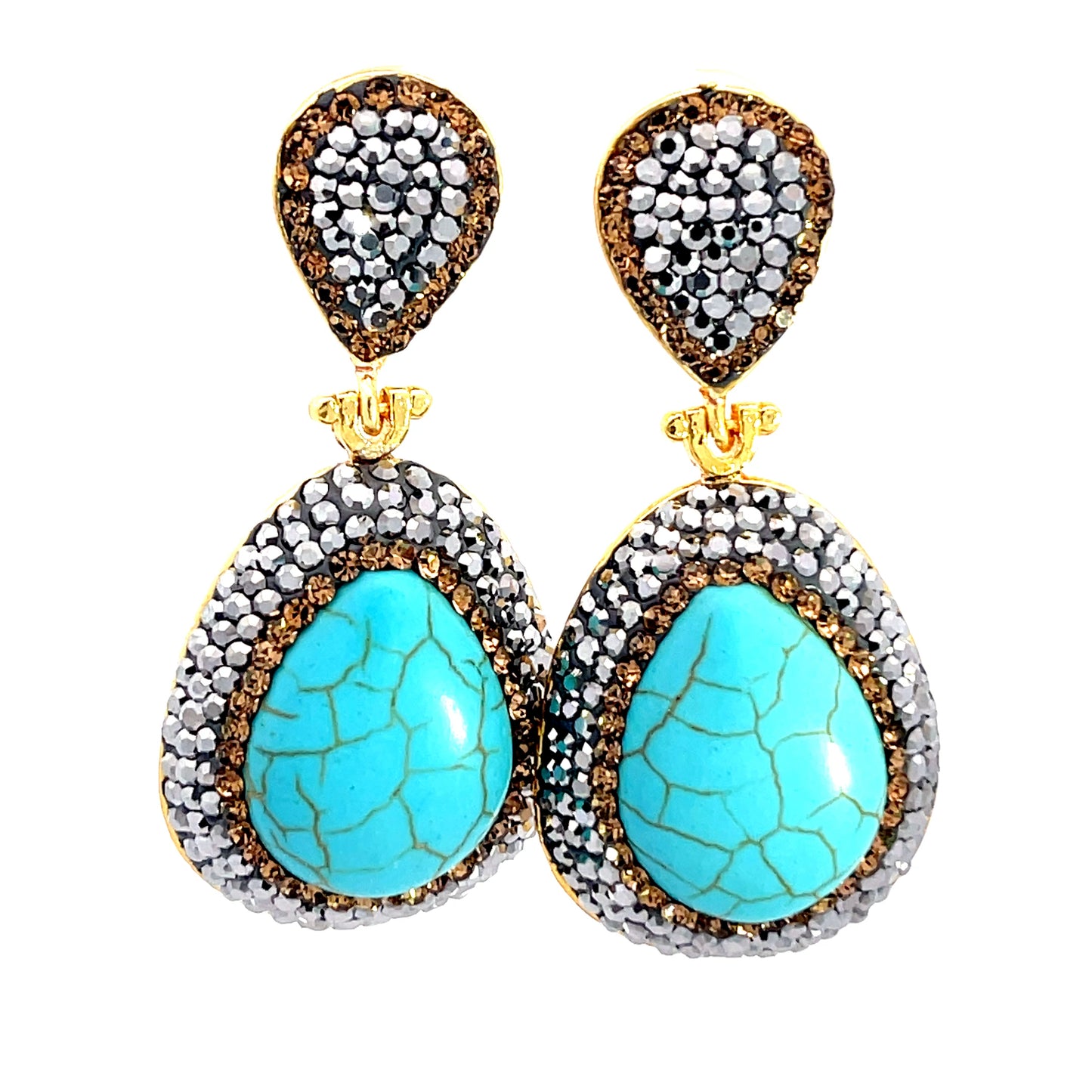 Turquoise Gemstone Gold & Silver Crystal Drop Earring