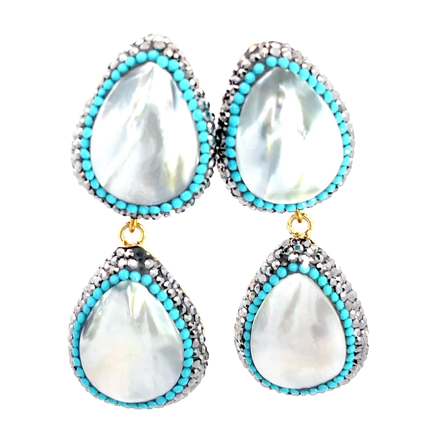 Mother of Pearl Turquoise & Silver Crystal Double Drop Earring