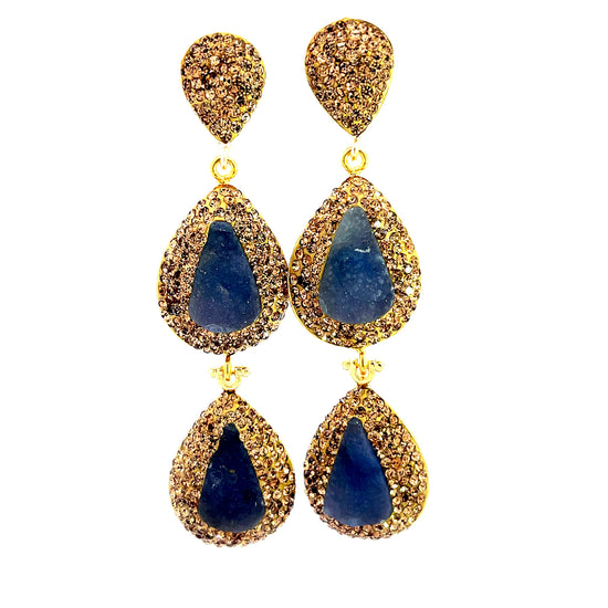 Blue Druzy Chalcedony Gold Crystal Double Drop Earring